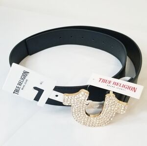 NWT TRUE RELIGION Gold Logo Rhinestones Buckle Black Faux Leather Belt Size L